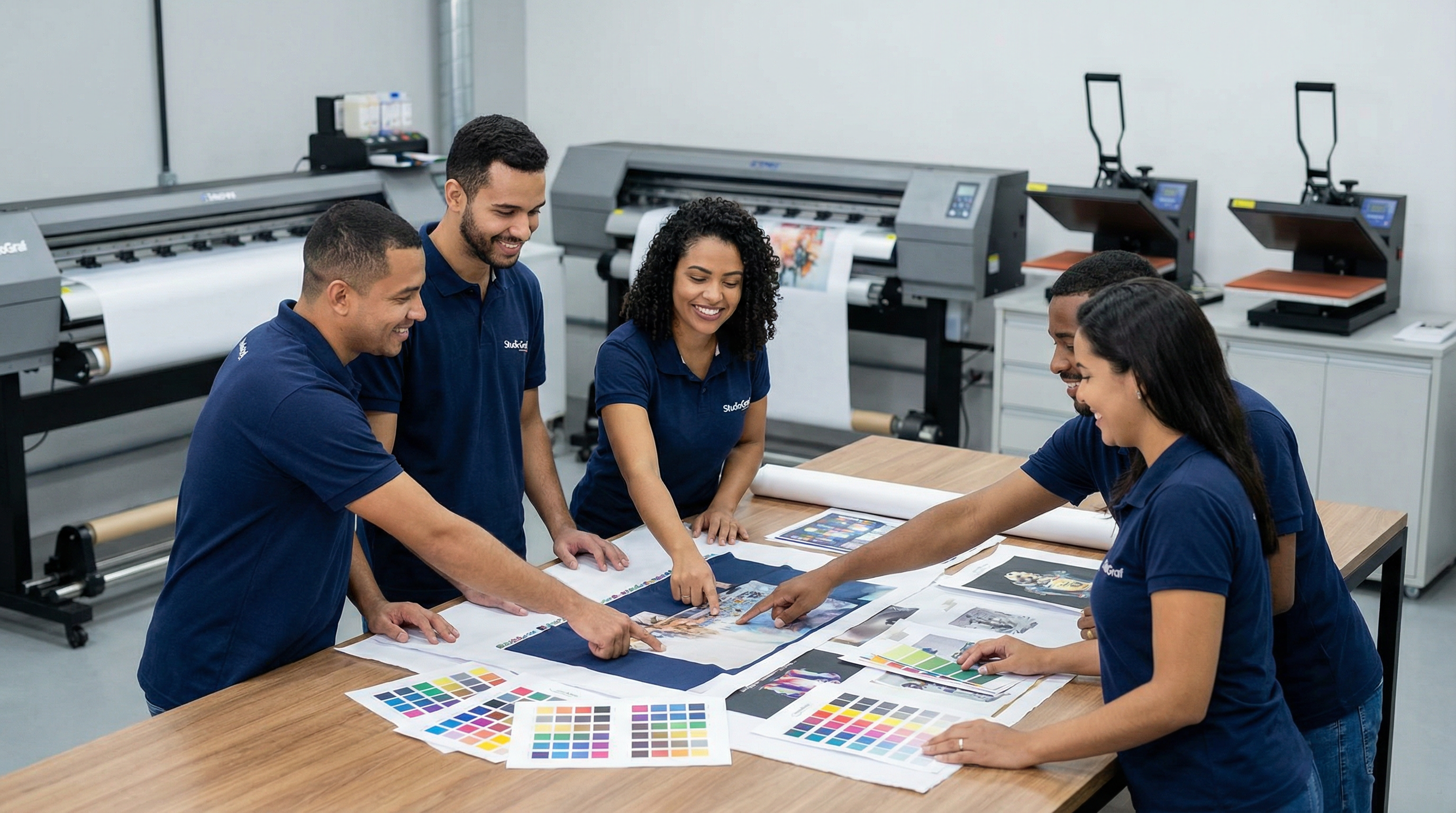 Equipe Tred Lab trabalhando em conjunto analisando projetos de personalização