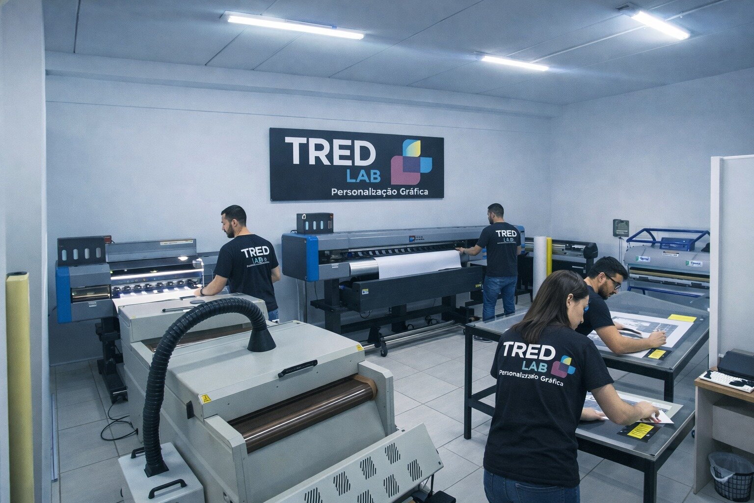 Equipe Tred Lab trabalhando com impressoras DTF e equipamentos de personalização